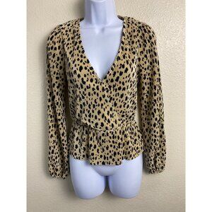 Wayf Womens V-Neck Leopard Crinkle Long Sleeve Top Size XS Peplum Animal Boho
